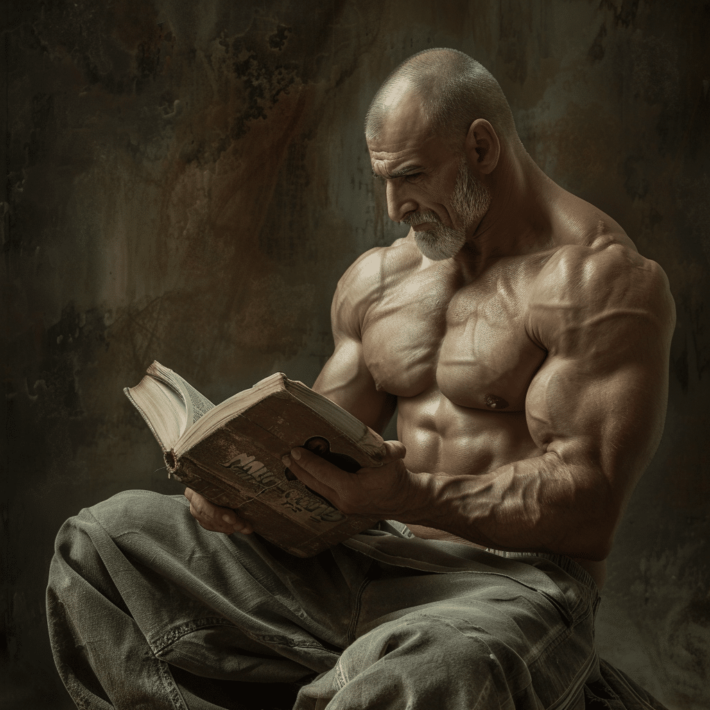 amitgalalon_An_adult_man_with_strong_muscles_sitting_and_read