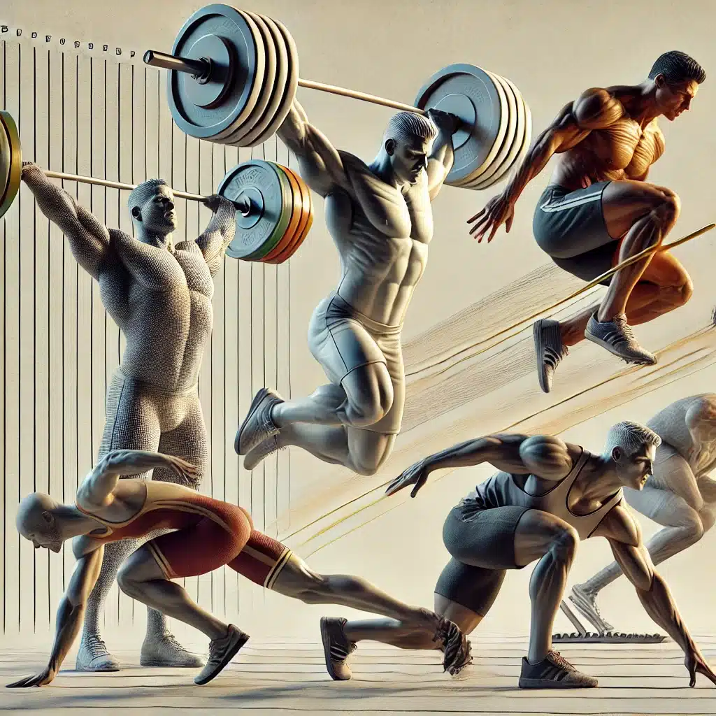 A realistic digital illustration representing the diverse types of strength in fitness. 