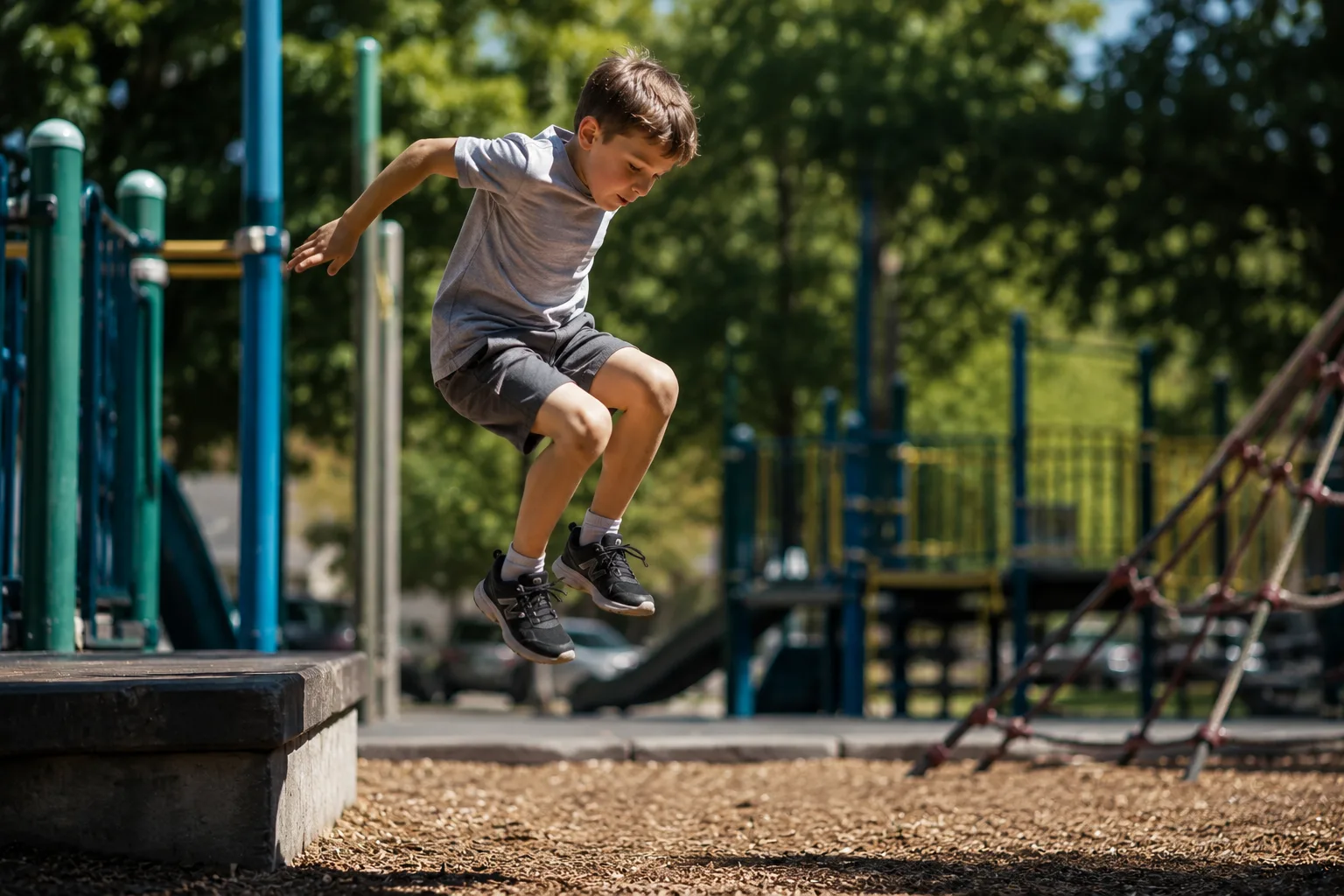 Child jumping and climbing on a playground, showing natural athleticism
