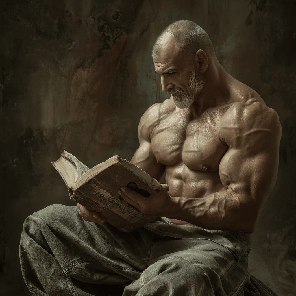 amitgalalon_An_adult_man_with_strong_muscles_sitting_and_read