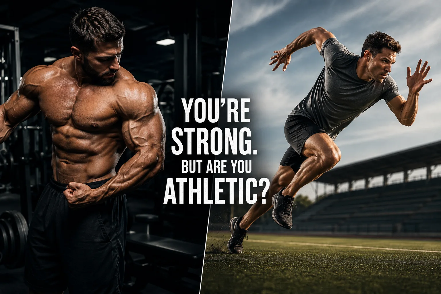 Strength vs athleticism: a muscular lifter beside a sprinting athlete