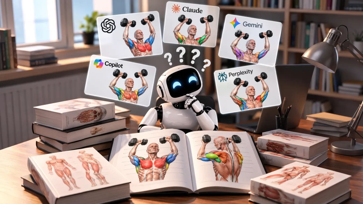 A puzzled robot surrounded by conflicting AI-generated anatomy illustrations from ChatGPT, Claude, Gemini, Copilot and Perplexity
