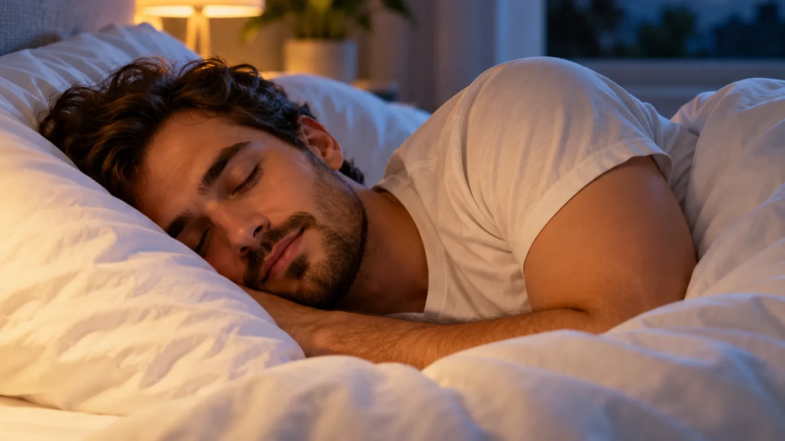 Athlete sleeping peacefully in bed at night, with moonlight through the window