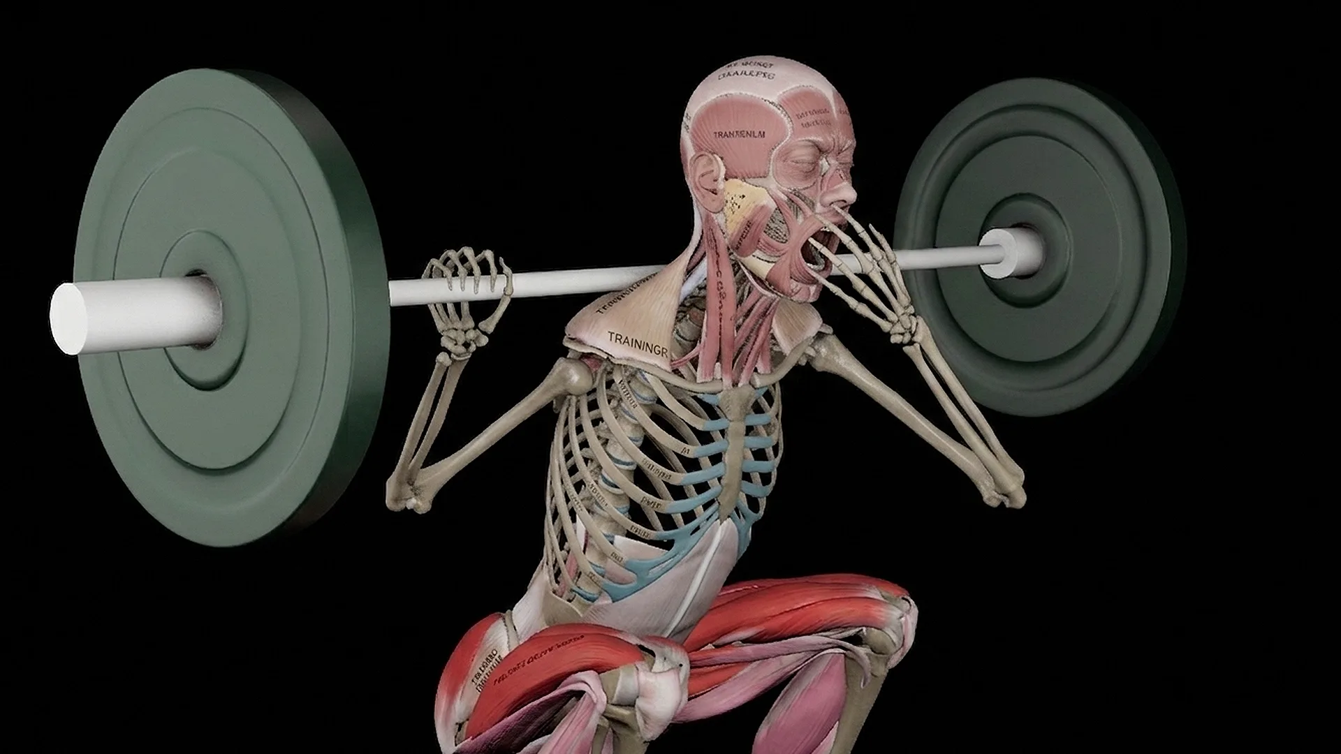 3D anatomical model yawning while performing a barbell back squat