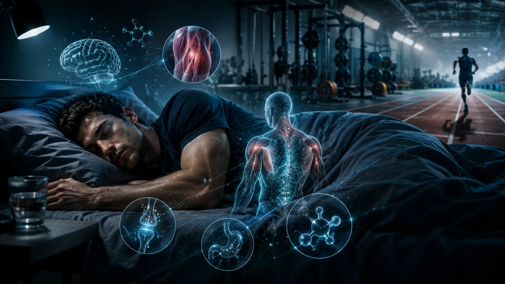 Athlete sleeping with illustrations of brain, muscle and recovery processes, and a runner on a track in the background